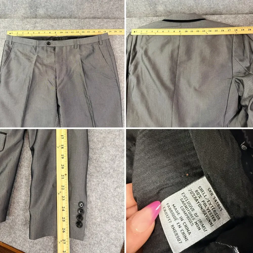 Le Chateau Men's 3 Piece Suit 42 Blazer & 34 Pants with Vest L Gray Slim Fit NWT